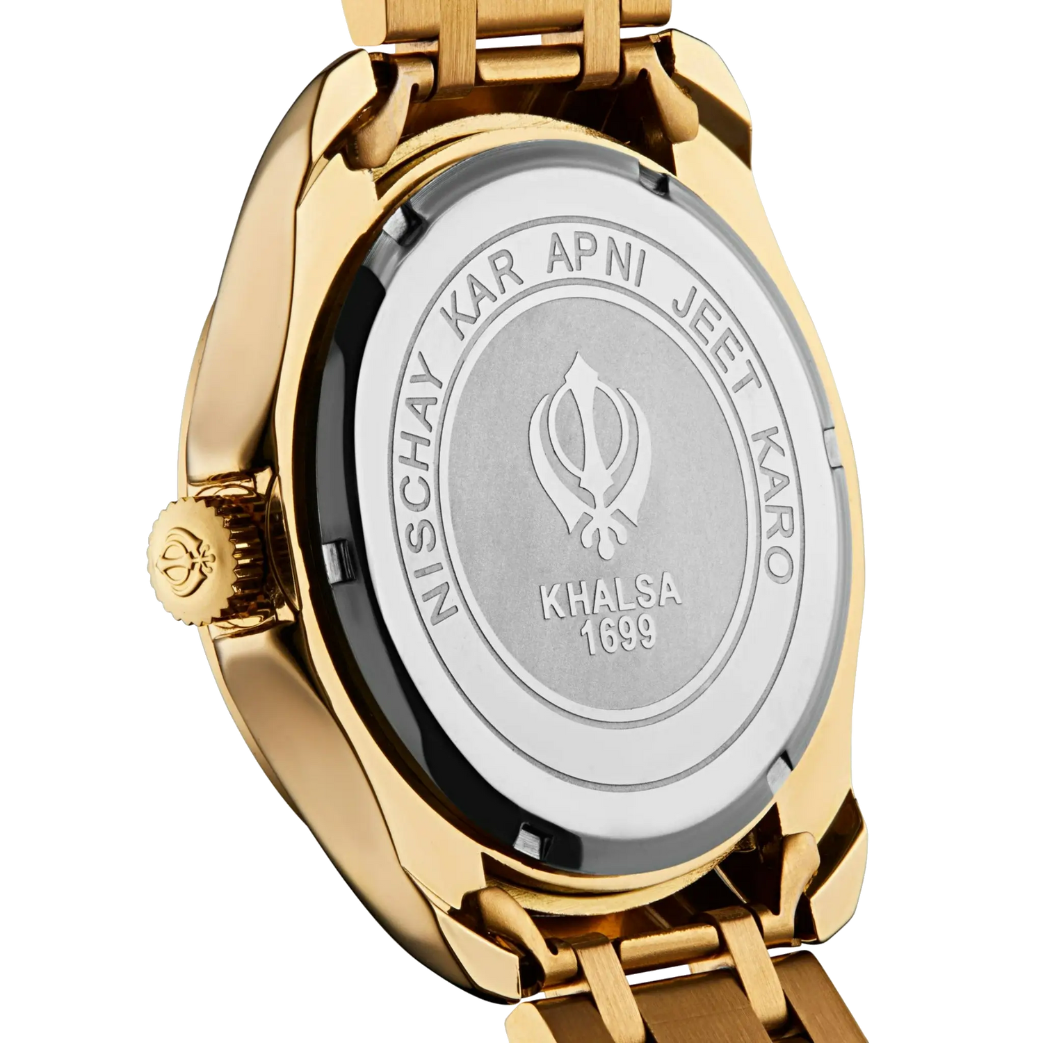 Caseback of Heritage Men's watch showing the Khanda logo