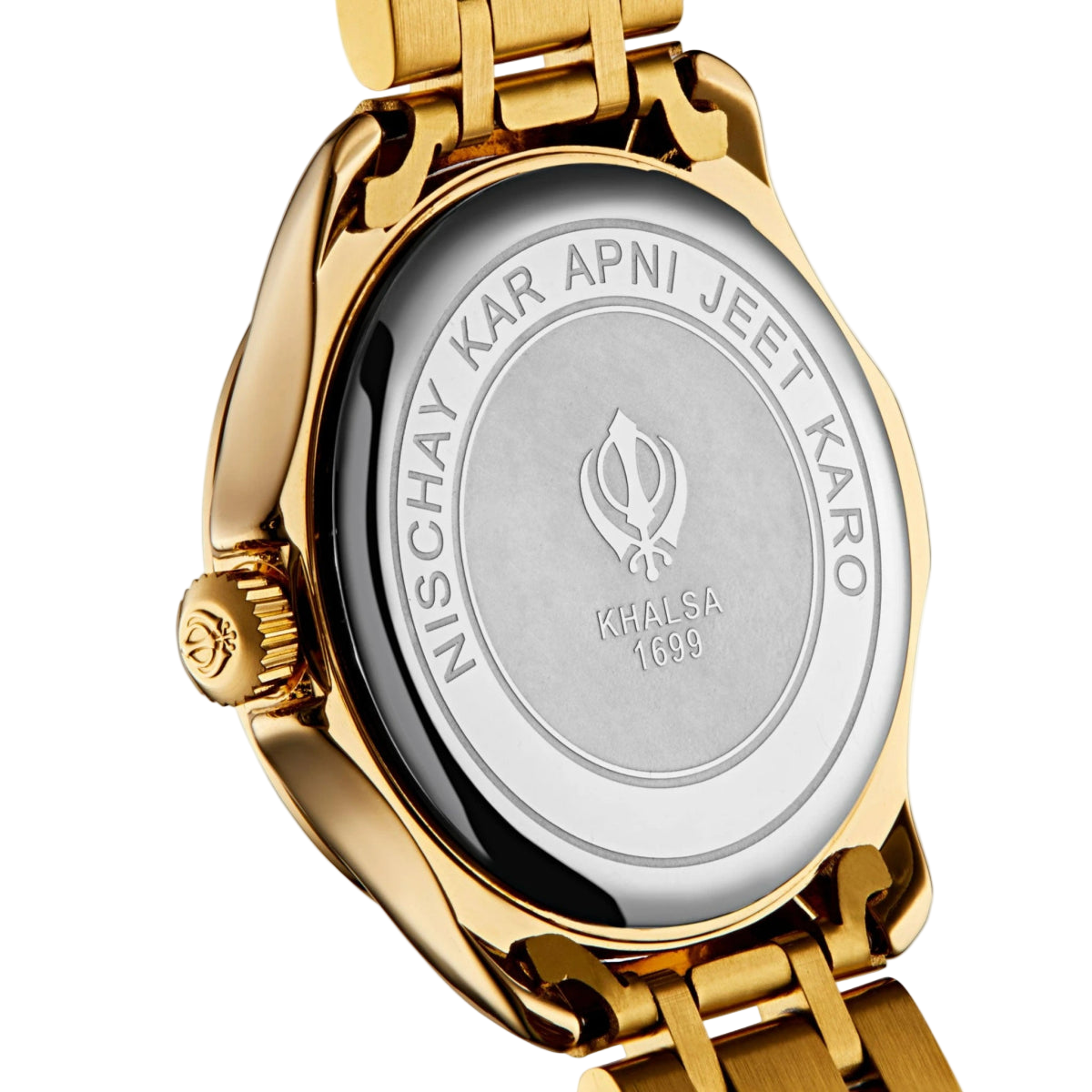 Gold watch with engraved khalsa symbol on a transparent background