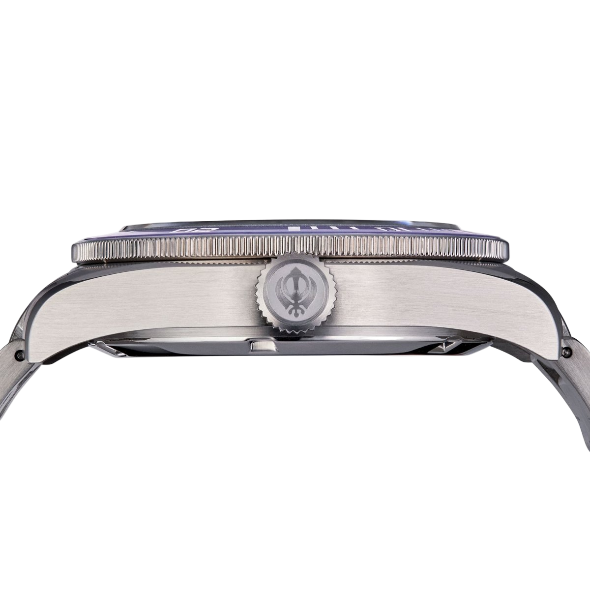 Close-up of the Ocean Lion watch with a white face and silver case on a transparent background