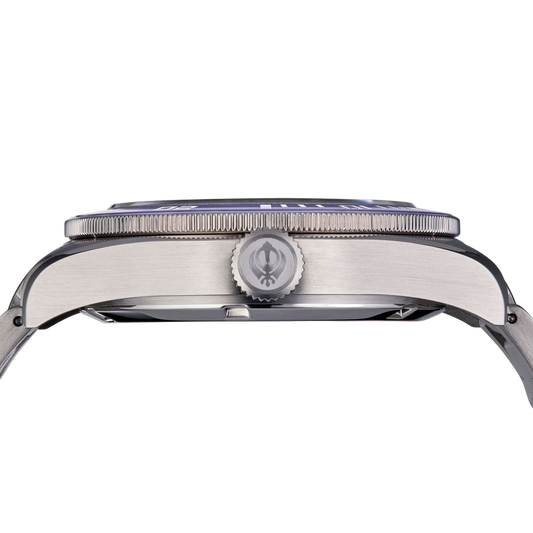 Close-up of the Ocean Lion watch with a white face and silver case on a transparent background