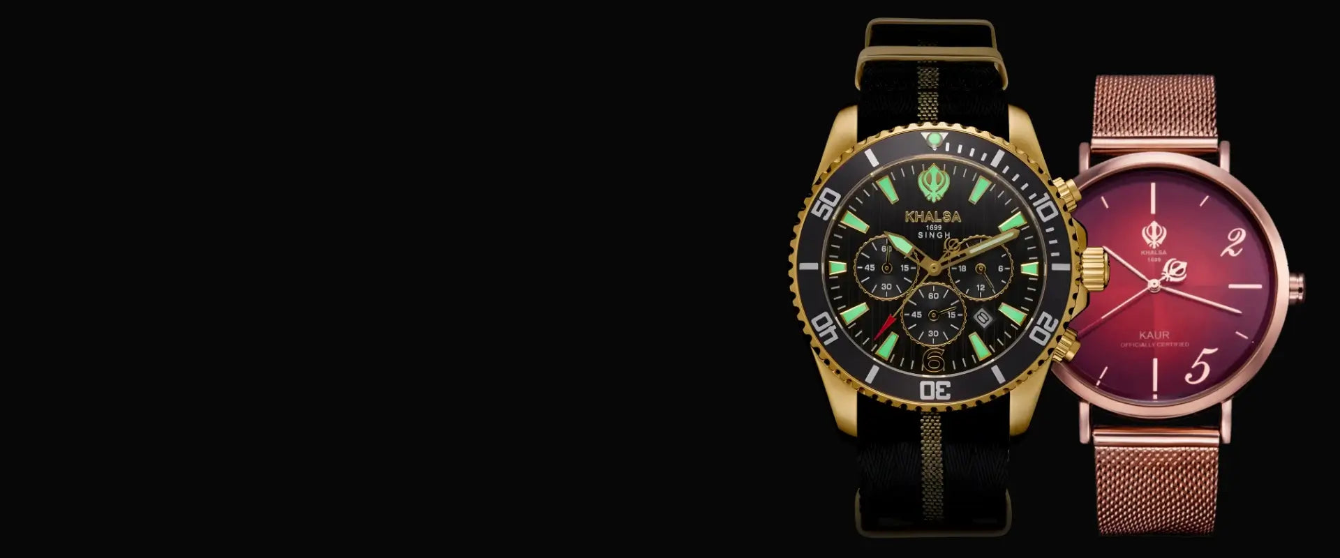 Singh and Kaur watches, one gold and one rose gold, on a black background