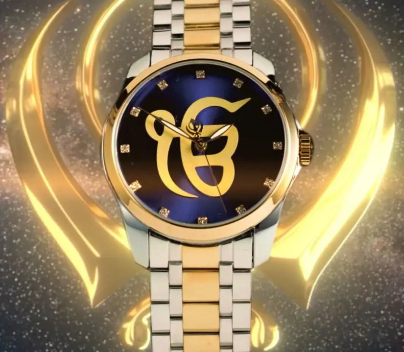 Luxury Ek Ong Kar watch with gold and silver band on a starry background
