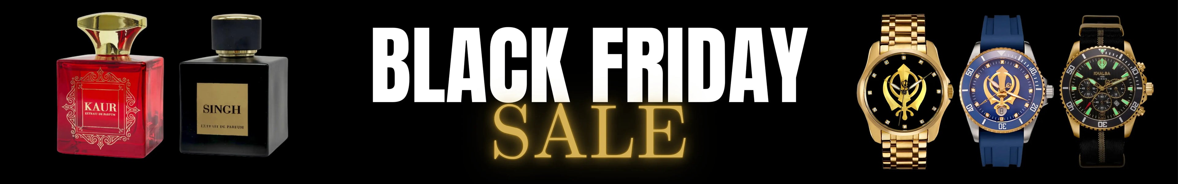 Black Friday sale banner with luxury watches and perfume bottles.