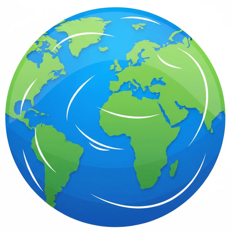 Cartoon illustration of a globe with green landmasses and blue oceans on a white background