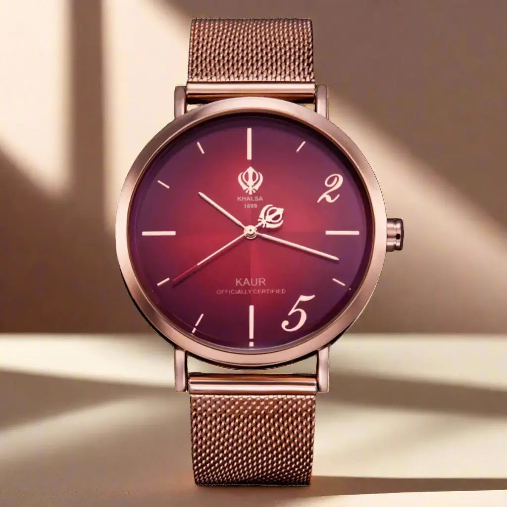 Crimson Red Kaur watch with red dial and rose gold mesh strap
