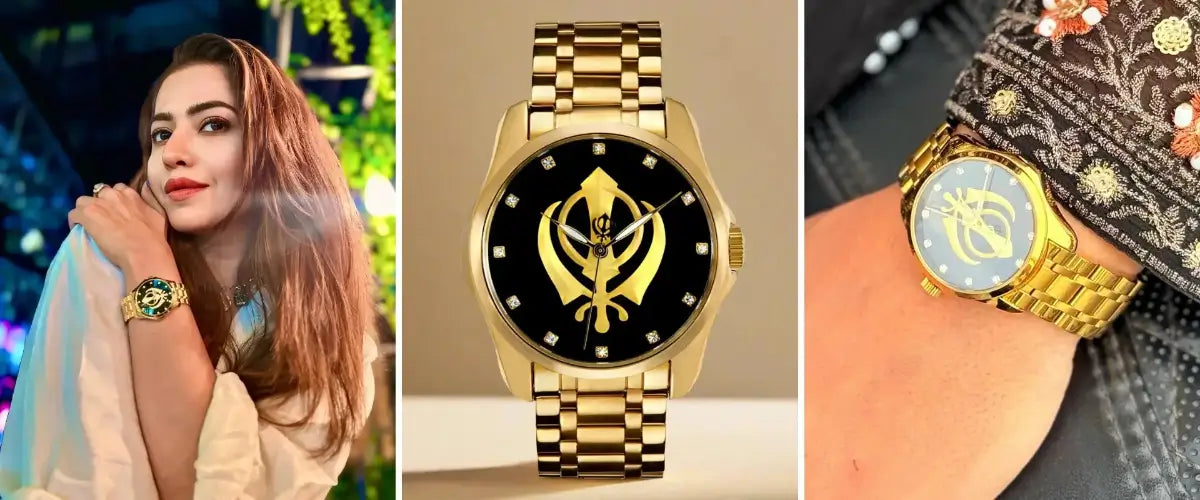 Heritage Woman Gold watch with black dial featuring a Khanda symbol, worn by a person, on a neutral background.
