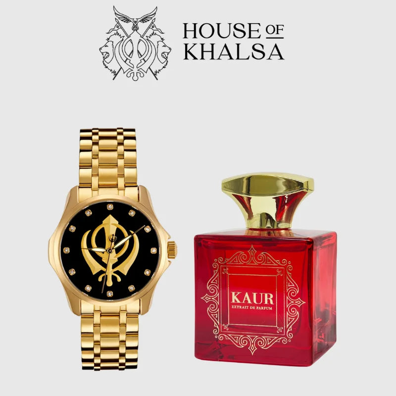 Heritage Black Gold watch and red Kaur perfume bottlebackground