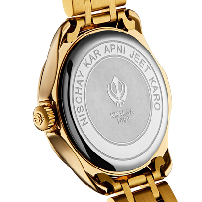 Gold watch with engraved khalsa symbol on a transparent background