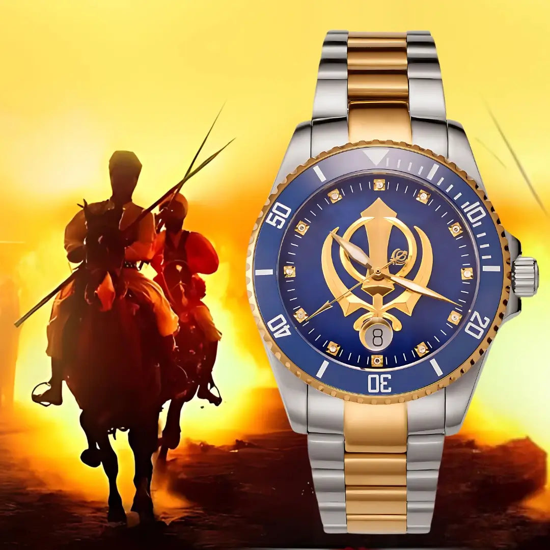 Two Sikh warriors riding horses on the left and House of Khalsa Homage watch on the right