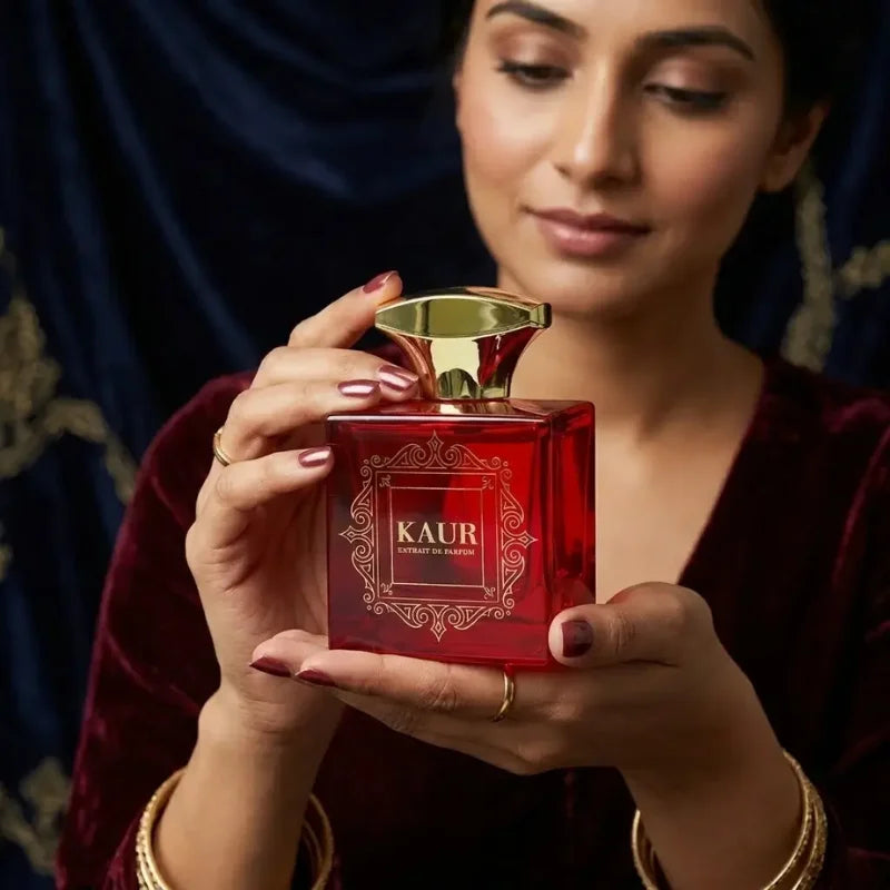 Woman holding a red and gold perfume bottle labeled 'KAUR'.