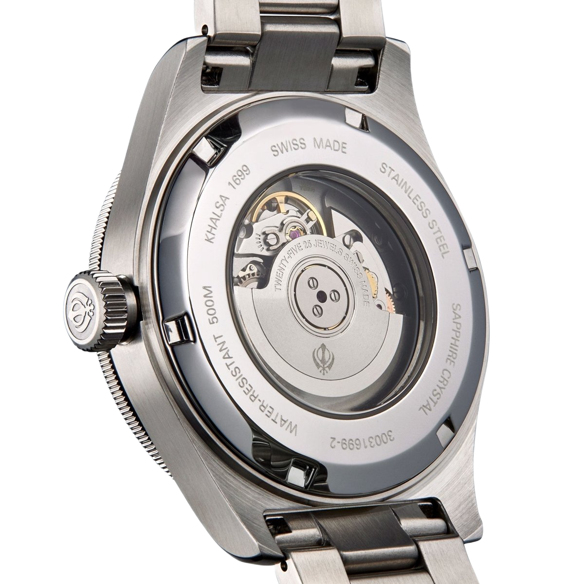 Back view of a silver watch with visible mechanism and Khalsa log