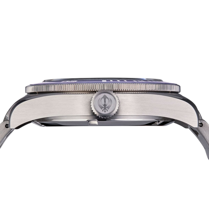 Close-up of the Ocean Lion watch with a white face and silver case on a transparent background
