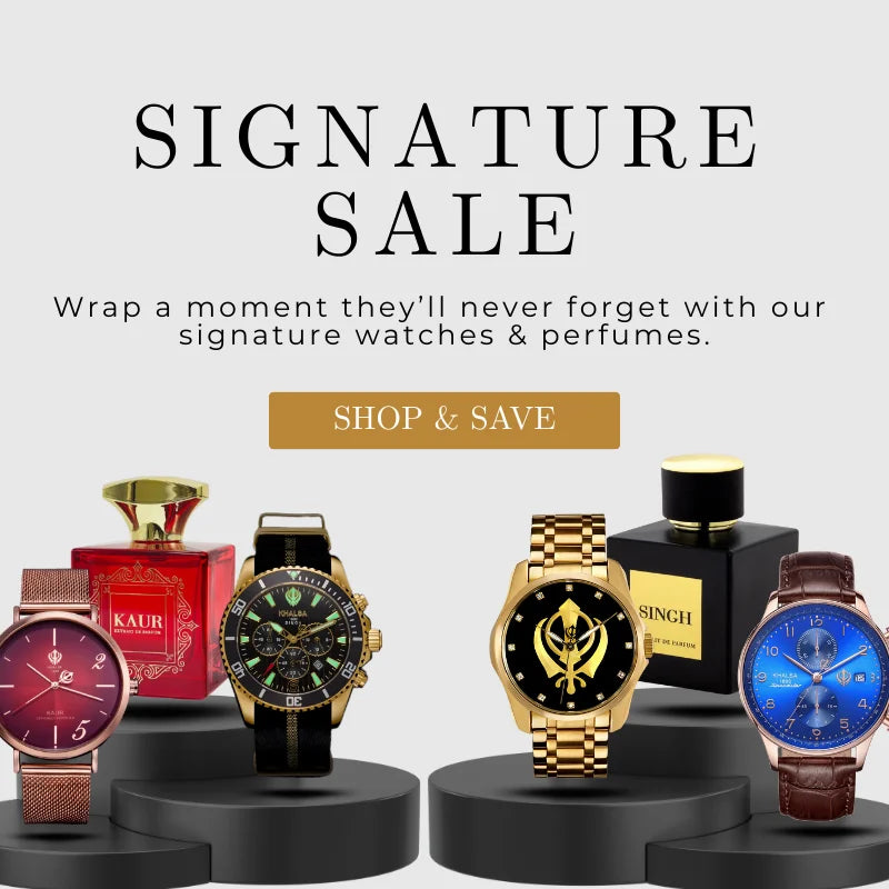 Advertisement for watches and perfumes with 'Signature Sale' text and product display.