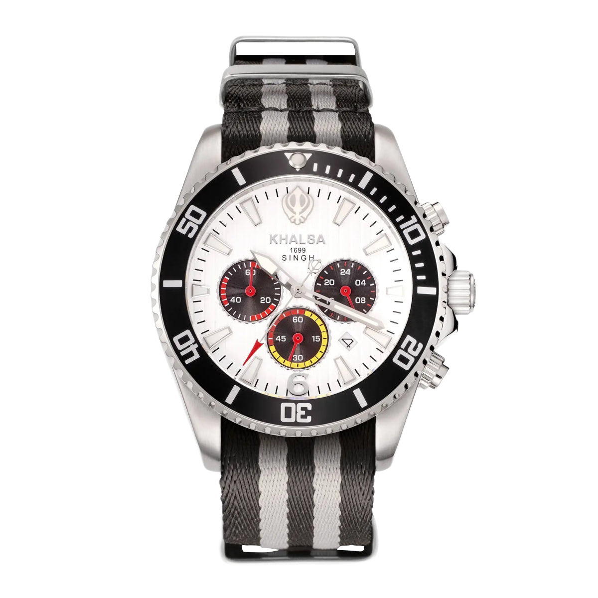 Singh Steel Wristwatch with a black and gray striped strap