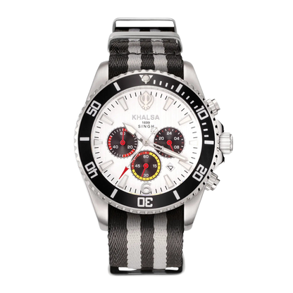 Singh Steel Wristwatch with a black and gray striped strap