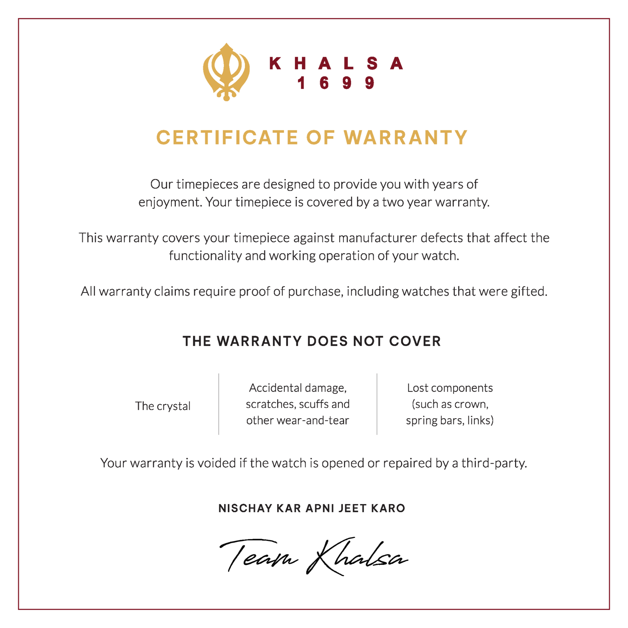 Certificate of warranty house of khalsa