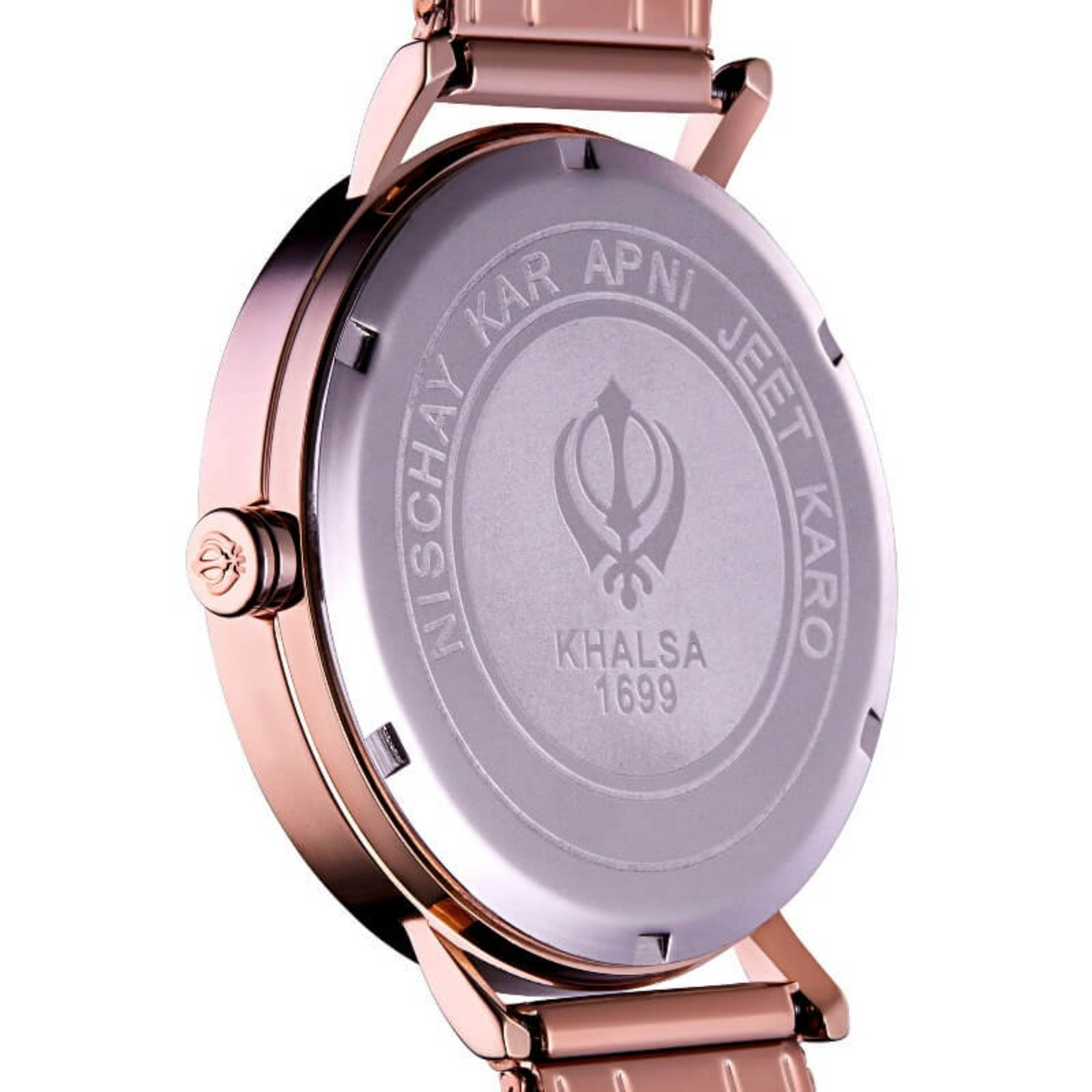 Japanese Quartz Red Kaur Khalsa Luxury Women's Watch with Khanda Crown Rose Gold Strap