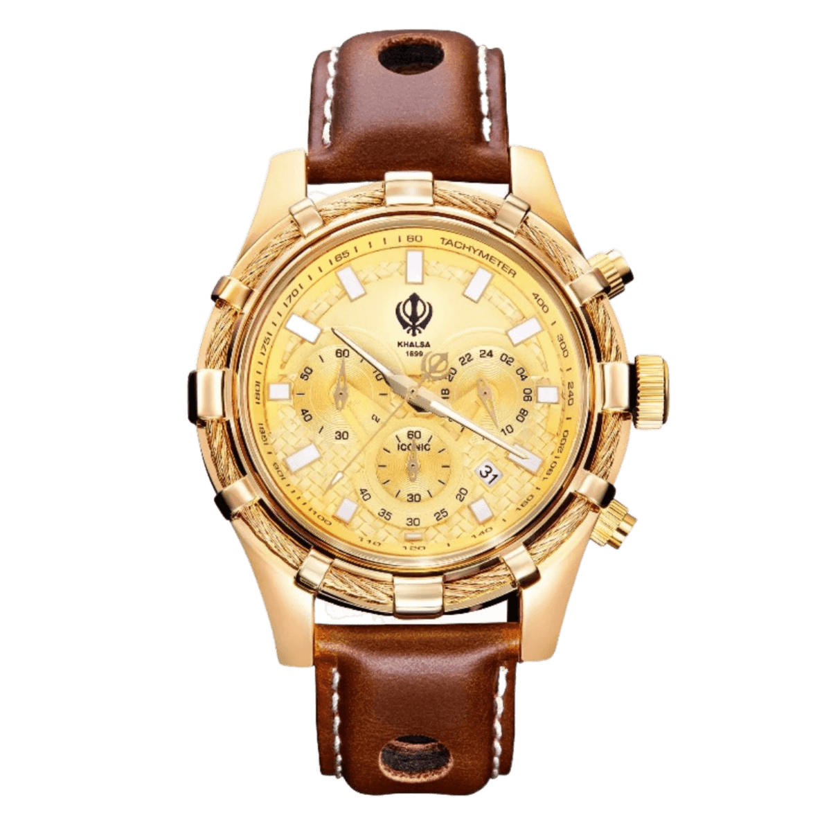 Gold Luxury Men&#39;s Watch with Iconic Khanda Symbol and Three Subdials - Sikh Watches