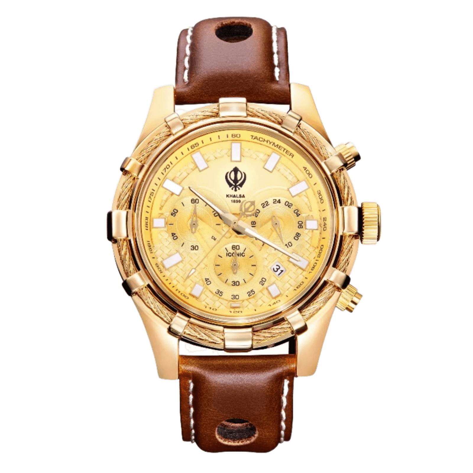 Gold Luxury Men's Watch with Iconic Khanda Symbol and Three Subdials - Sikh Watches
