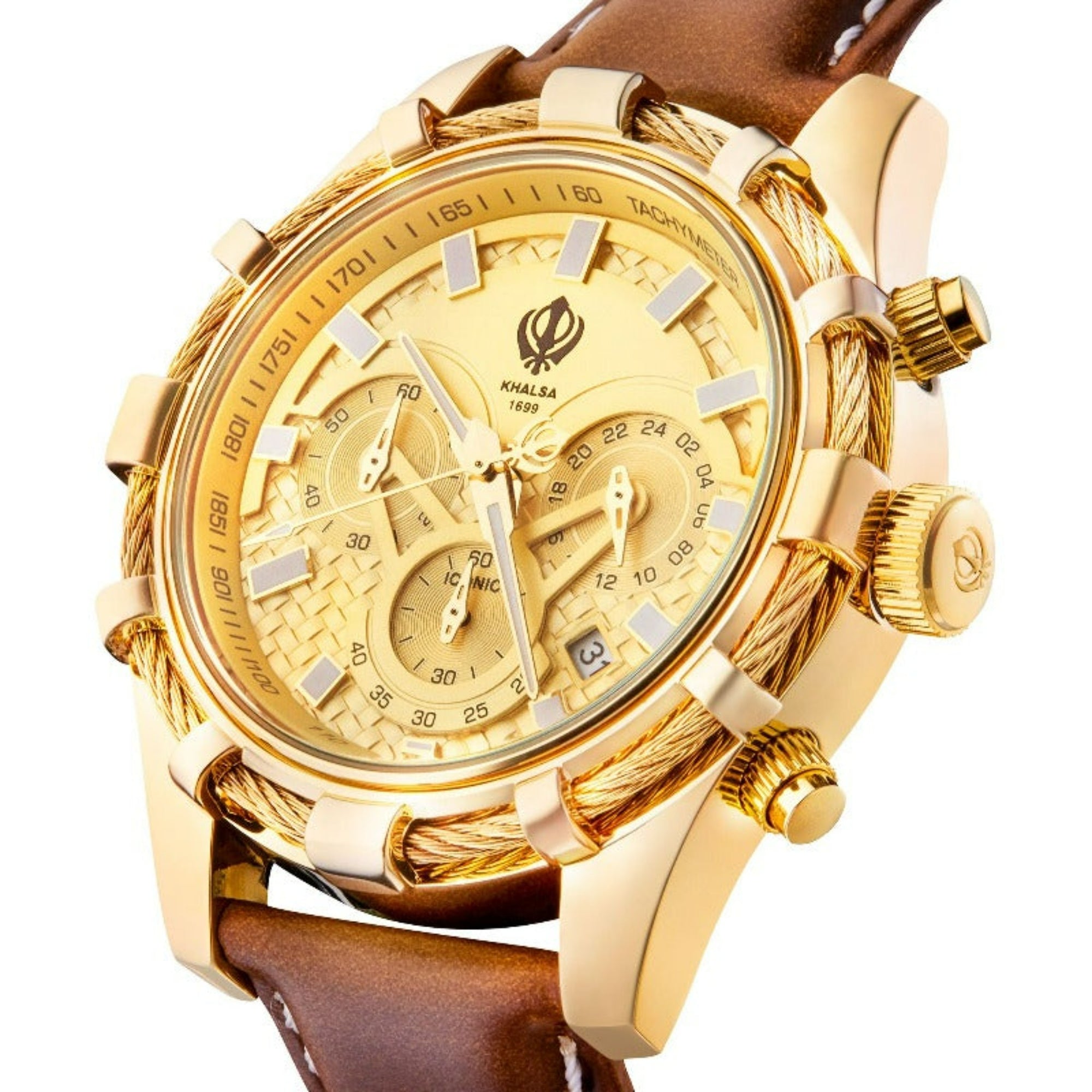 Iconic Luxury Men's Sikh Watch with Khanda Symbol Gold Rope and Brown Leather Strap - Timeless Style