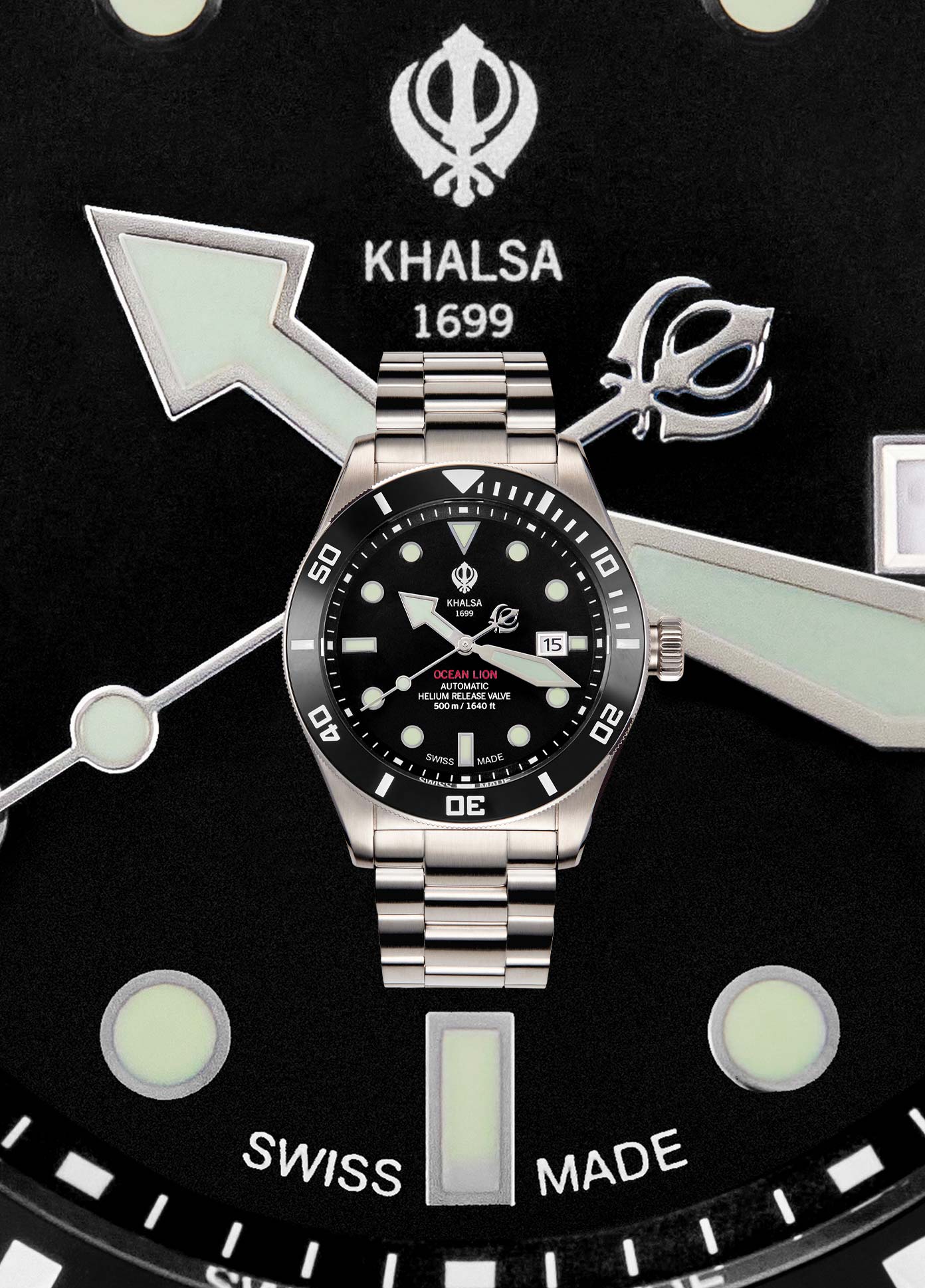 House of Khalsa Ocean Lion Abyss Black Luxury Sikh Dive Watch with Khanda Sahib Symbol, Stainless Steel, Swiss Movement, Luminous Dial, Ceramic Bezel, Helium Release Valve - Priceless and Timeless