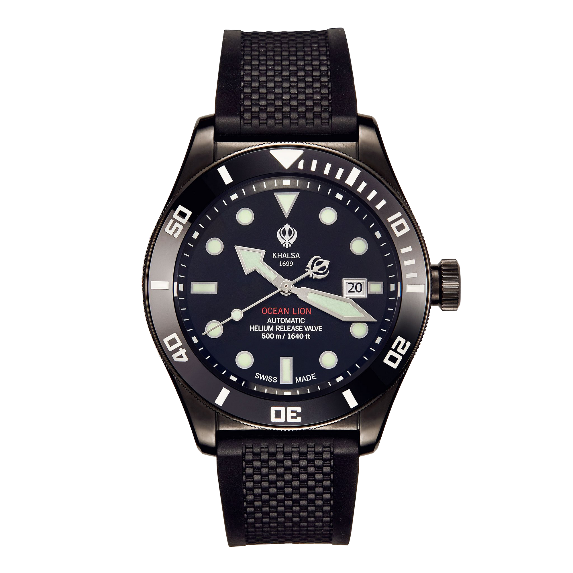 House of Khalsa Ocean Lion Stealth Commander Luxury Sikh Dive Watch with Khanda Sahib Symbol, Stainless Steel, Black Leather Strap, Swiss Movement, Luminous Dial, Ceramic Bezel, Helium Release Valve - Priceless and Timeless