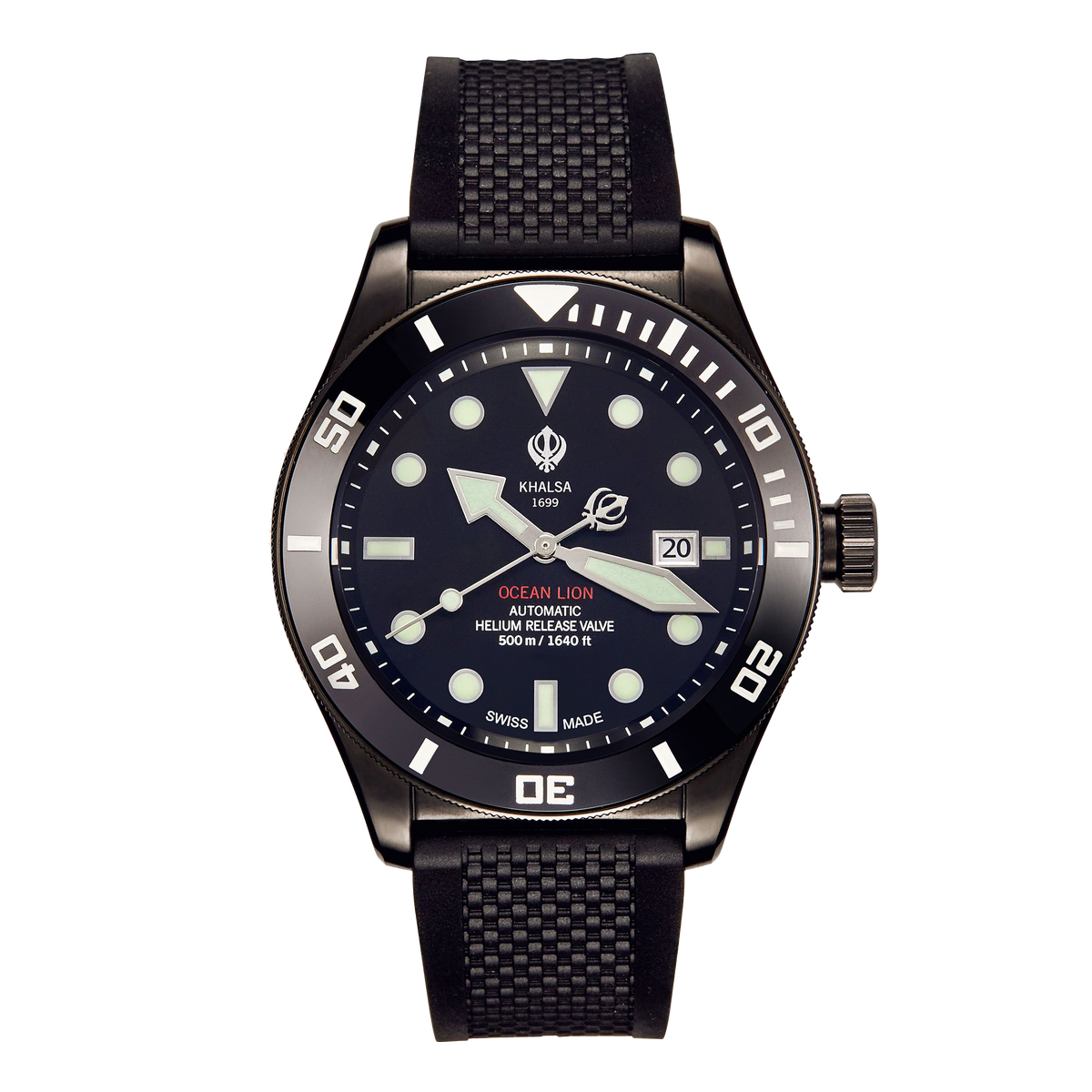 House of Khalsa Ocean Lion Stealth Commander Luxury Sikh Dive Watch with Khanda Sahib Symbol, Stainless Steel, Black Leather Strap, Swiss Movement, Luminous Dial, Ceramic Bezel, Helium Release Valve - Priceless and Timeless