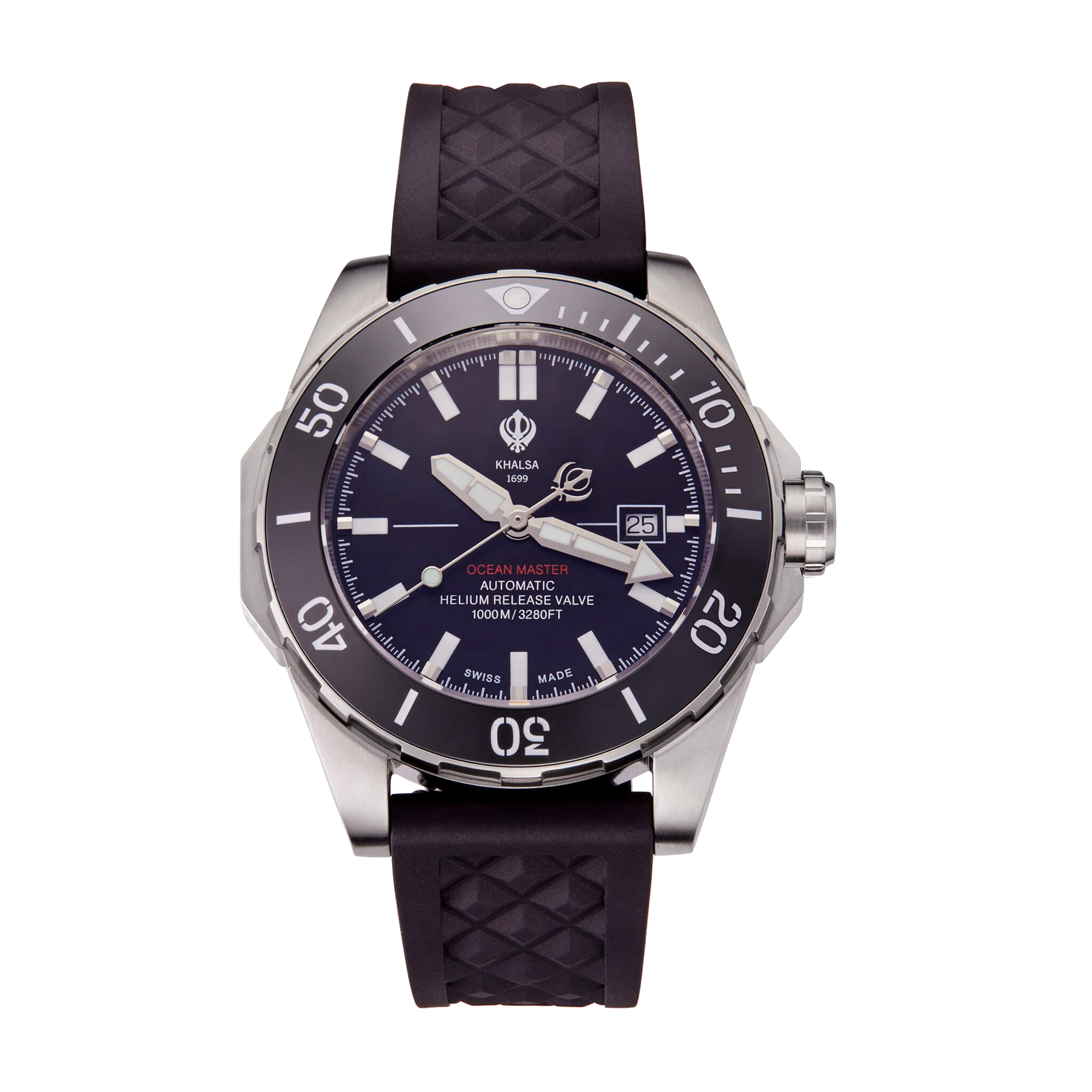Luxury Obsidian Night Black Swiss Dive Watch for the Modern Sikh with Khanda Symbol and Black Genuine Leather Strap
