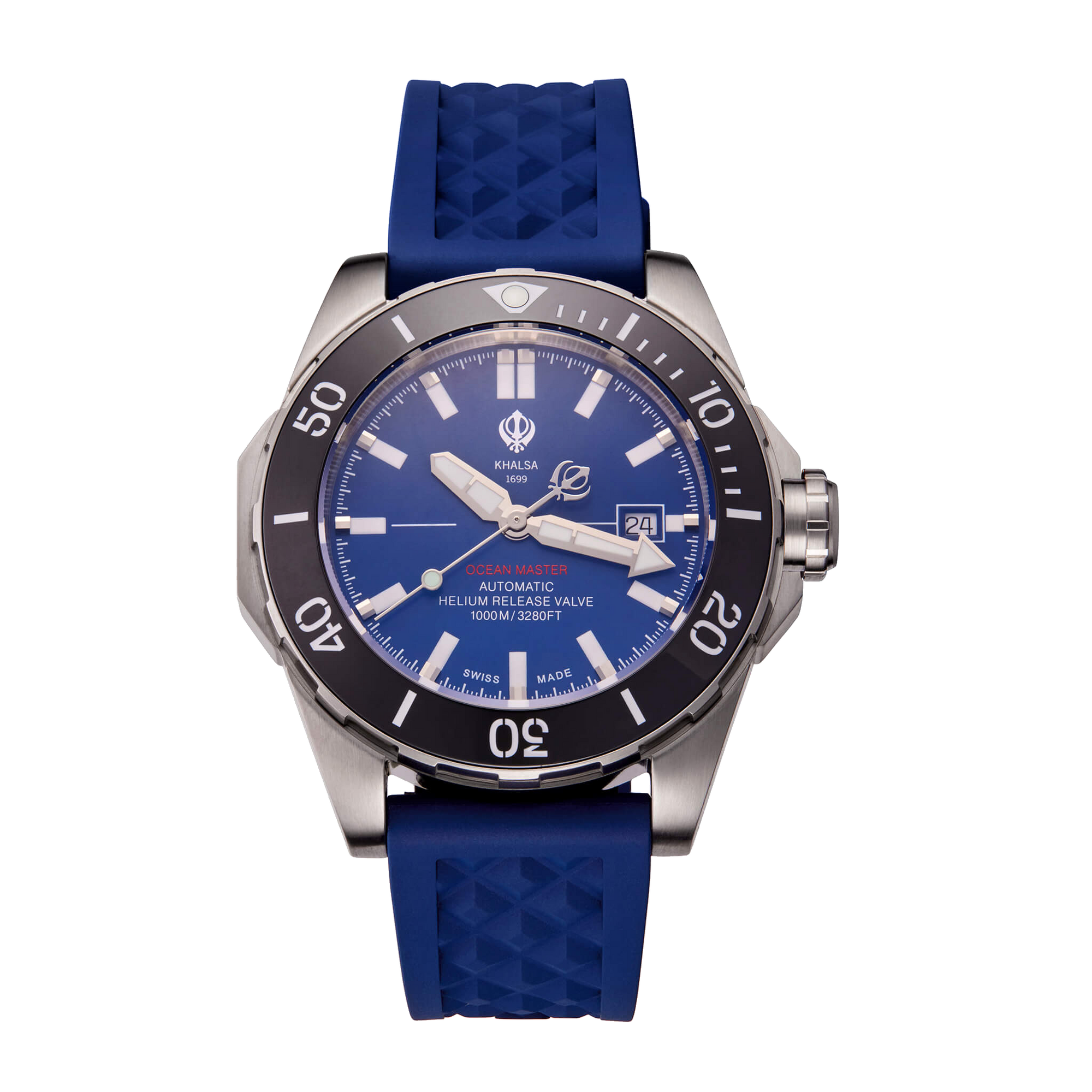 House of Khalsa Ocean Master Azure Blue Luxury Sikh Swiss Dive Watch for Men with Khanda Symbol and Blue Leather Strap - Perfect Gift
