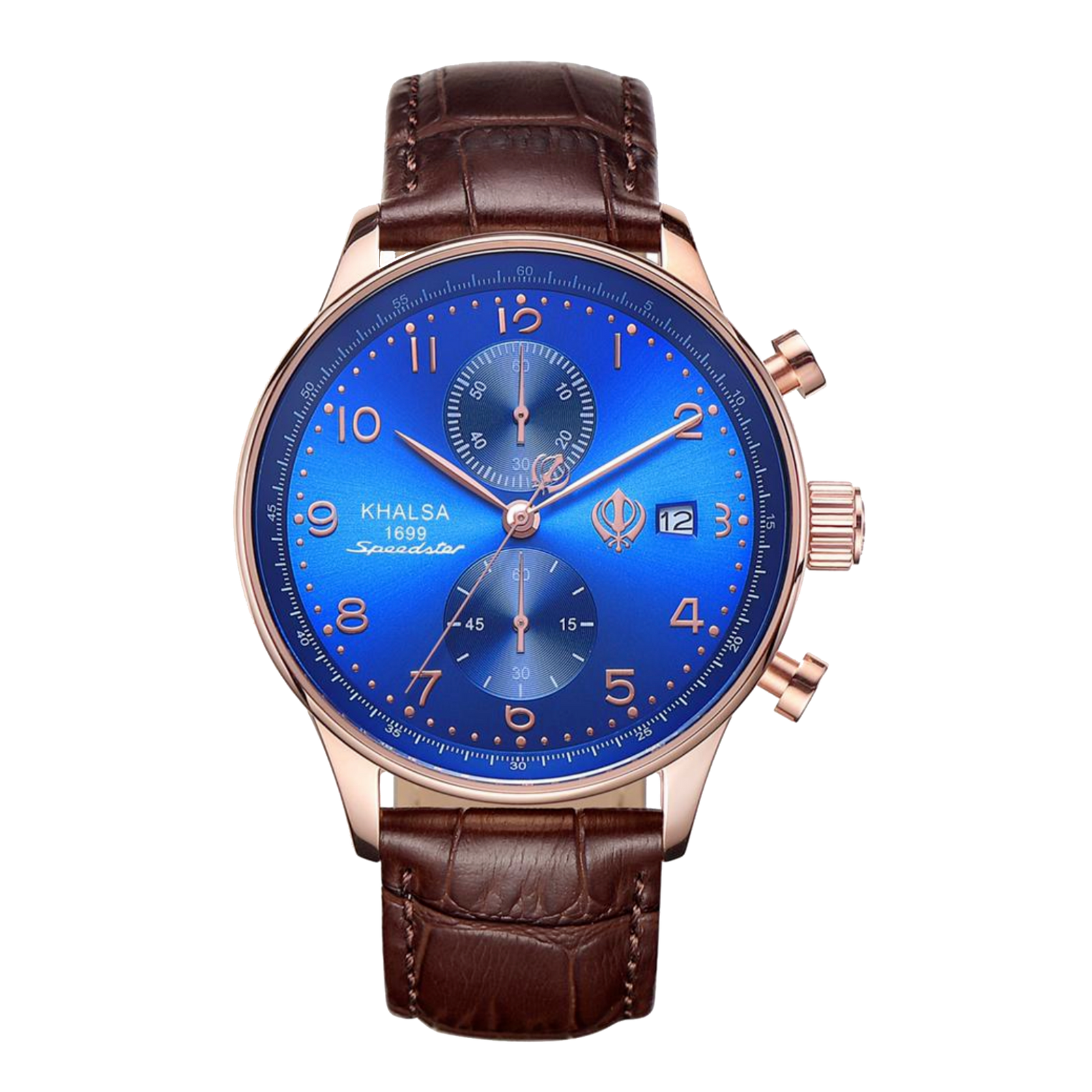 House of Khalsa Sea Blue Speedster Khalsa Analog Chronograph Luxury Sikh Watch With Khanda Symbol On The Dial and Brown Leather Strap - Precision Timekeeping