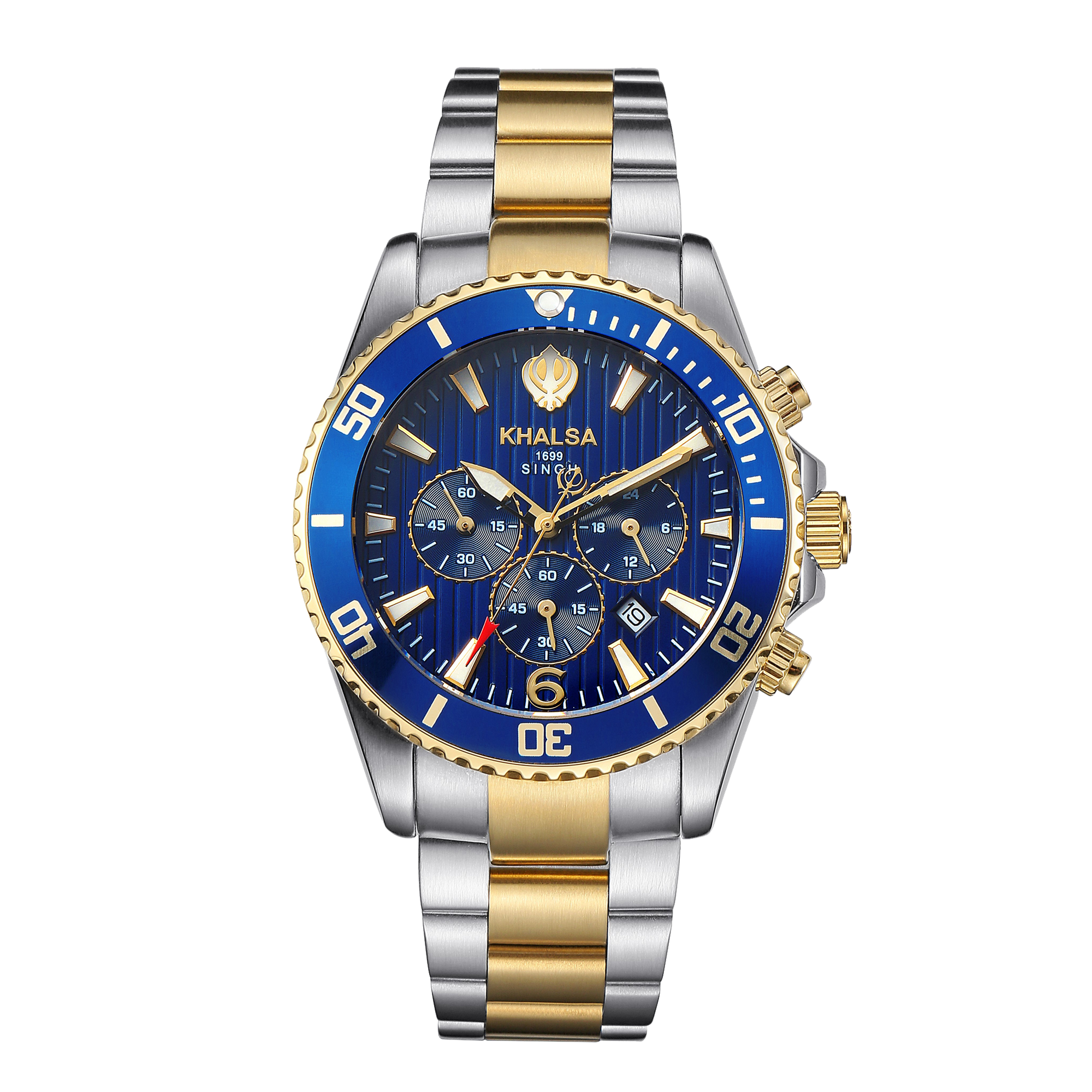 Singh Blue Luxury Swiss Sikh Watch with Khanda Symbol, Lion's Head, and Gold Plated Case - Super Luminous