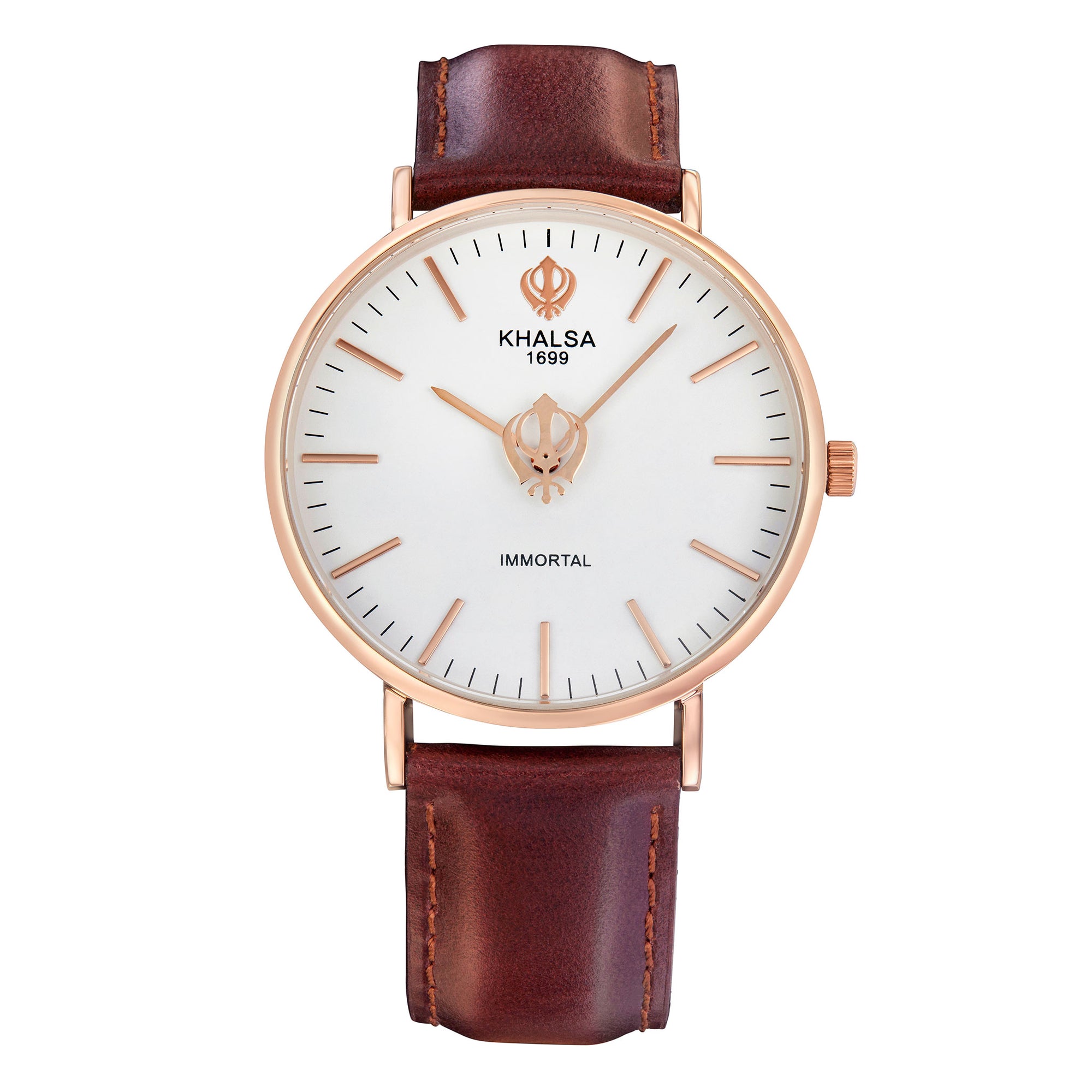 House of Khalsa IMMORTAL Gold White Sikh Watch with Khanda Symbol, Sun Dial and Brown Leather Strap - Elegant and Stylish