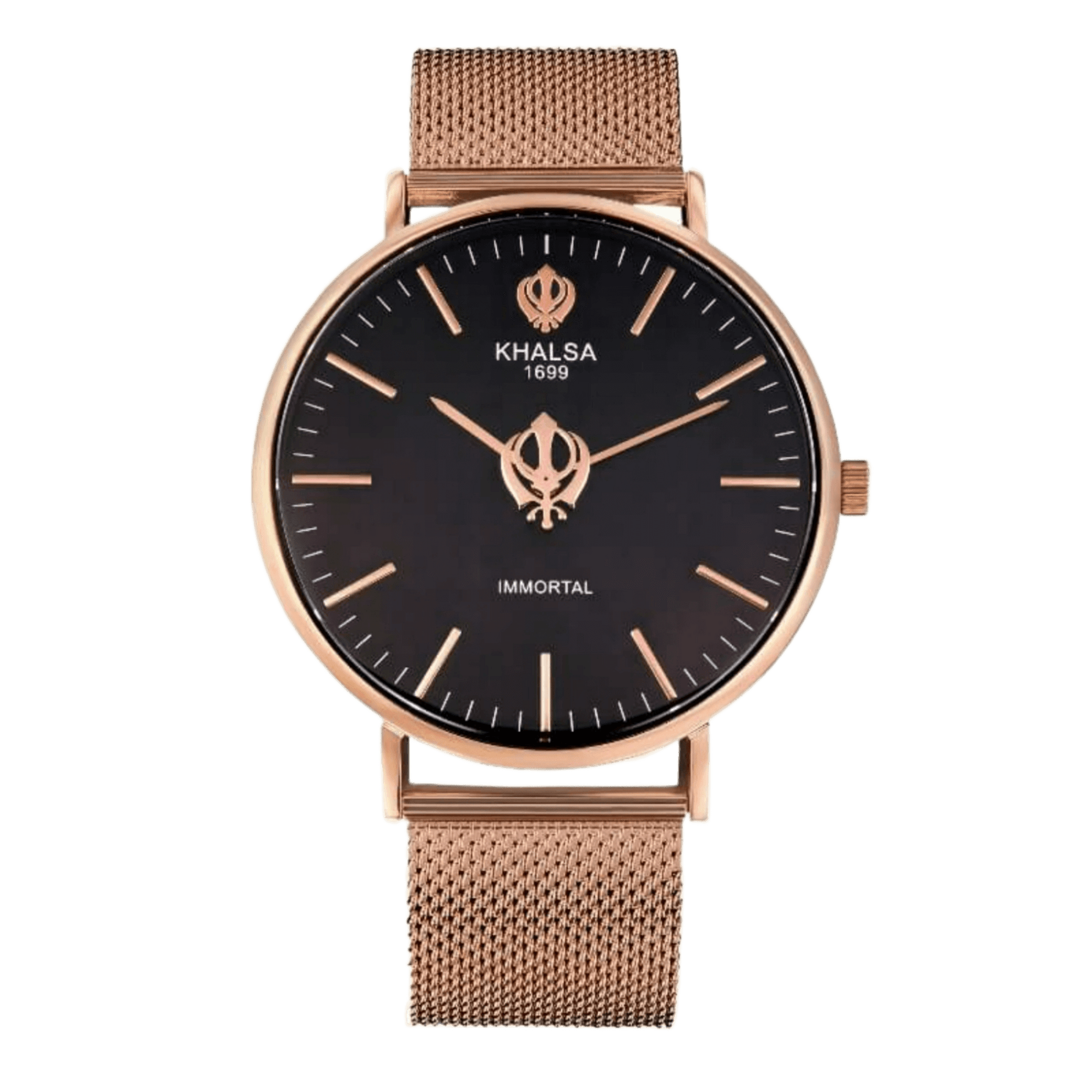 House of Khalsa IMMORTAL Gold Black Sikh watch with Khanda symbol, sun dial and Stainless Steel Gold Plated Strap - Elegant and Stylish