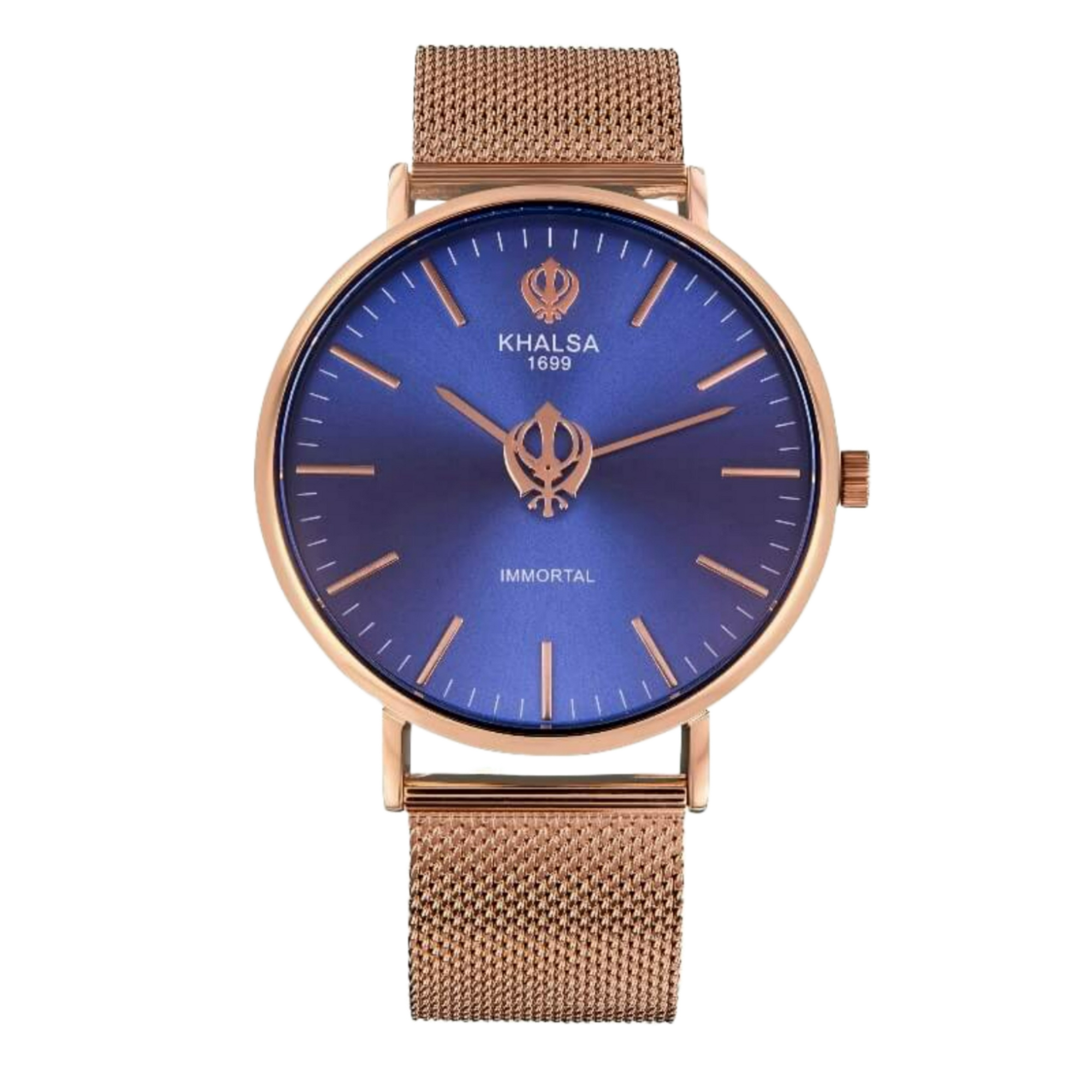 House of Khalsa IMMORTAL Gold Blue Sikh watch with Khanda Symbol, Sun Dial and Stainless Steel Gold Plated Strap - Elegant and Stylish