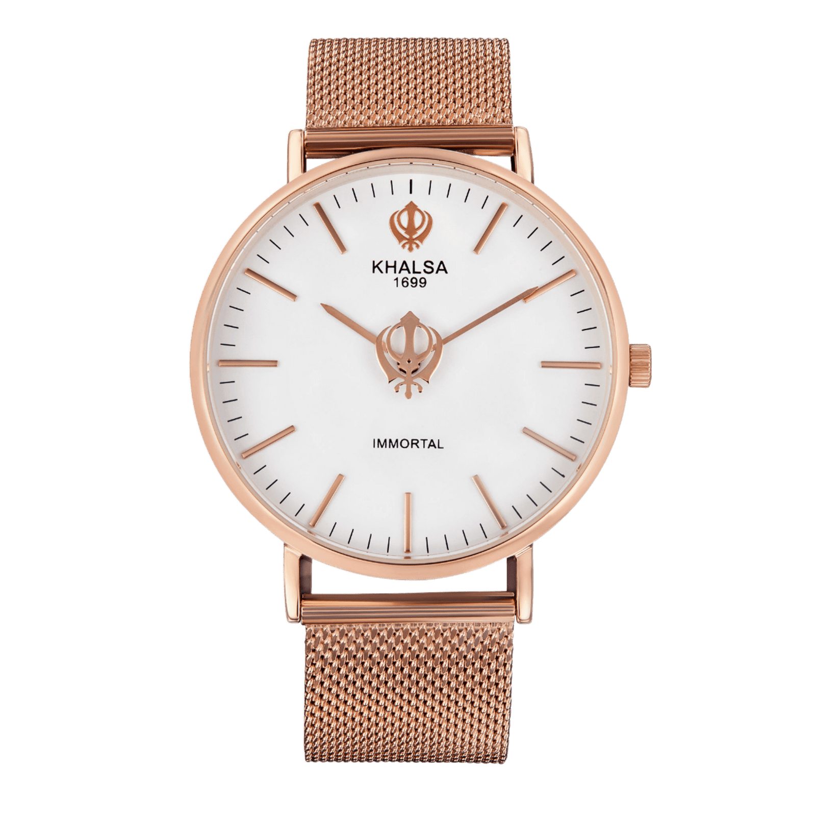 House of Khalsa IMMORTAL Gold White Sikh Watch with Khanda Symbol, Sun Dial and Stainless Steel Gold Strap - Elegant and Stylish